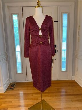 Adrianna Papell Wine Red Long Sleeve Twist-Ring Midi Dress